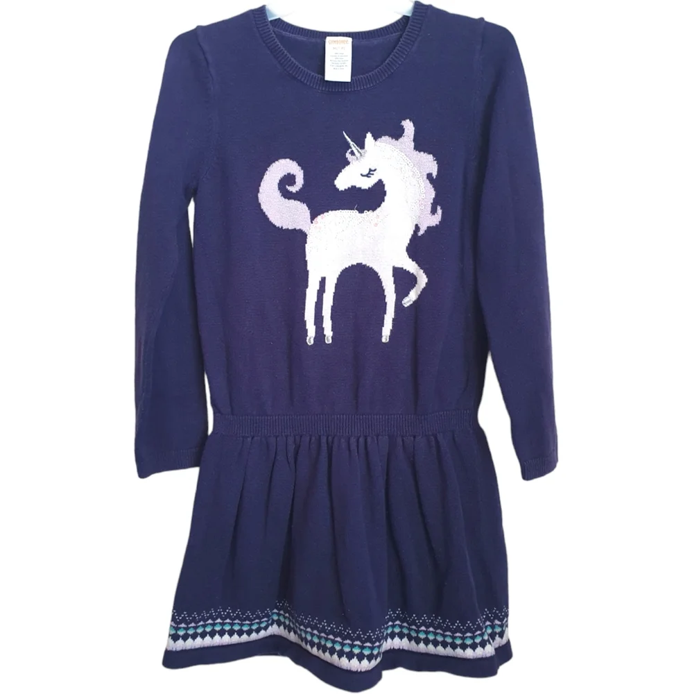 Gymboree Girl's Unicorn Winter Dress Navy Blue Size M 7-8